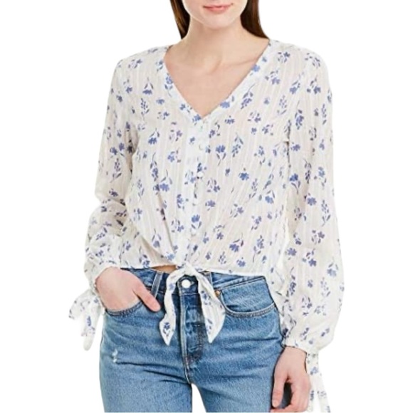 Parker Payton V-Neck Tie Front Blouse, White/Blue, Size L - Picture 1 of 9